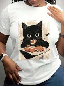 1 camiseta gráfica vintage para el Día de la Mujer, para mujer, estilo retro, 100% algodón, suave, transpirable, informal, de manga corta y cuello redondo para uso diario, camiseta vintage de anime japonés para mujer - Linda camiseta gráfica con un gatito negro comiendo sushi - Camiseta informal suave de cuello redondo para uso diario - Lavable a máquina, top para todas las estaciones para fans del anime y amantes de los gatos, fabulosas camisetas de primavera para mujer. - Blanco - Ver 7