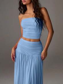 Unity Conjunto de 2 piezas de top corto de bustier de malla de unicolor y falda larga para mujer - Azul - Ver 4