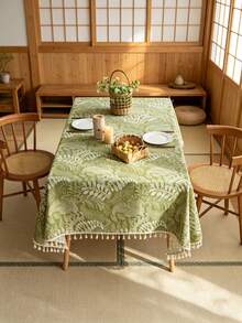 1pc Green Plant Pattern Tablecloth - Green Plant Pattern, Tassel Trim, Rectangular Design. Suitable For Spring/Summer Home Renovation, Easter Party, Kitchen/Dining Room Decor And Family Casual Meals. Outdoor Movie Night, Indoor Table Decor, Party Tablecloth Setup, Patio Leisure, Garden Party, Holiday Dinner And Casual Activities - Green B - View 4