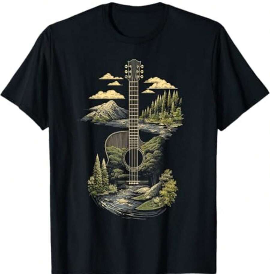 Camiseta con diseño de guitarra acústica, naturaleza, bosque y montaña. - Negro - Ver 1