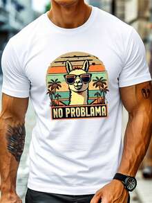 S 'NO PROBLEM' Graphic Print Summer Tops With Funny Alpaca With  Glasses Lightweight Short Sleeve Summer T-Shirt With Crew Neck, Slightly Stretchy, Umbrella Hem, Comfortable For Everyday Wear And Beach, Funny Animal Print Top For , Loose And Comfortable. - 後退 - 查看 7