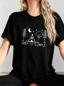 1 Piece Of Minimalist Graphic T-Shirt For Women, Ideal For Camping, With Pine And Other Plant Print, Soft And Stretchy Fabric, Round Neck, Casual Top, Camping Clothes, Nature Inspired Design, Comfortable Fit, Everyday Wear, 180g 100% Cotton. - 黑色 2 - 查看 12