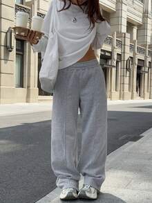 Sulojter Casual Loose Solid Color Elastic Waist Sweatpants - Grey - View 5