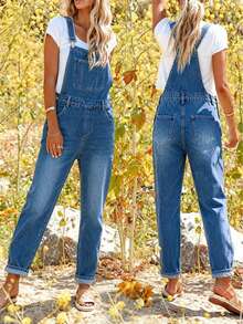 Quần yếm denim dài đến mắt cá chân, không tay, có dây đeo điều chỉnh được, ống đứng, màu xanh đậm. - Màu xanh lam - Xem 3