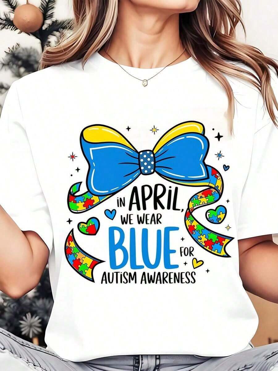 Women's Crew Neck T-Shirt With Blue Ribbon And Puzzle Piece Pattern. Wear Blue In April To Raise Awareness. Casual Printed T-Shirt For Spring And Summer Events. Loose Fit Women's T-Shirt (220g). - 白色 - 查看 1