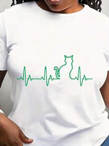 Camiseta Moderna Minimalista con Estampado de Gato y Latidos del Corazón, Top Casual de Manga Corta para Verano, Ropa Casual de Mujer para el Día a Día - Blanco - Ver 7