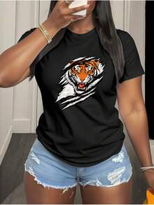 ¡Oferta por tiempo limitado, unidades limitadas,  relámpago! Camisas casuales para mujer, camisetas de poliéster para mujer, camisas elegantes. Camiseta con estampado de tigre audaz, con un drapeado suave, camiseta elegante y de verano, corte holgado que realza la figura y se adapta a todos los tipos de cuerpo, tejido transpirable y agradable para la piel que es suave y cómodo, y estilo retro, ideal para - Negro - Ver 1