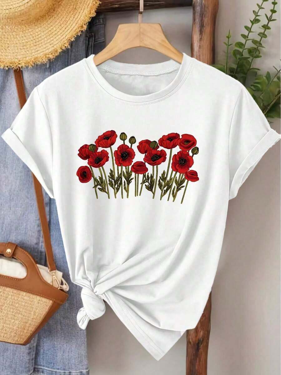 Conjuntos Casuales de Verano para Mujer [Nuevos Productos con Gran Estilo] Camiseta Elegante de Manga Corta con Estampado de Flores de Amapola y Cuello Redondo para Mujer, Adecuada para Primavera, Verano y Otoño. Una blusa versátil y casual de estilo vintage para ir al trabajo con estilo, para vacaciones y para uso diario. Disponibles en tallas S-XXL   Camisetas unisex para salidas de verano   Conjuntos de descanso para mujer   Moda