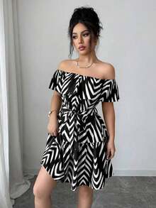 Vestido casual y elegante de vacaciones con volantes en la cintura, estampado de rayas azul marino, hombros descubiertos y falda acampanada, adecuado para carnaval, Día del Trabajo, Pascua, vuelta al colegio, playa, jardín y estilo callejero en ve - Blanco y Negro - Ver 4