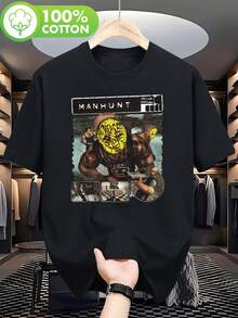 Camiseta de hombre MANHUNT con estampado de terror - Camiseta gráfica de caza con temática de acción, lavable a máquina, corte regular, estilo casual para gaming, eventos al aire libre y fiestas temáticas - Camiseta negra de estilo vanguardista para primavera, verano y otoño. - Negro - Ver 7