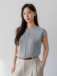 -Less Camiseta informal de manga corta con parches de unicolor para mujeres, estilo casual de negocios de verano - Azul - Ver 5
