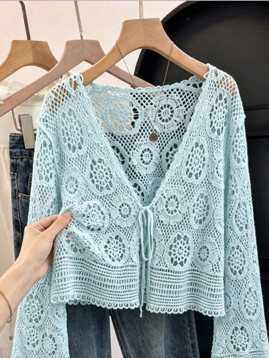 Áo khoác cardigan móc len buộc dây phía trước dành cho nữ, cổ chữ V, tay dài, khoét lỗ, dáng rộng, thích hợp mặc đi biển vào mùa hè. - Màu xanh bạc hà - Xem 1
