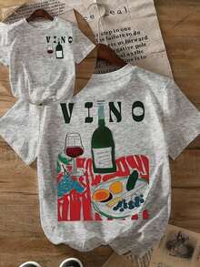 Camiseta de manga corta con cuello redondo y estampado de frutas y vino, camisetas gráficas unisex, camiseta casual unisex. - Blanco - Ver 5