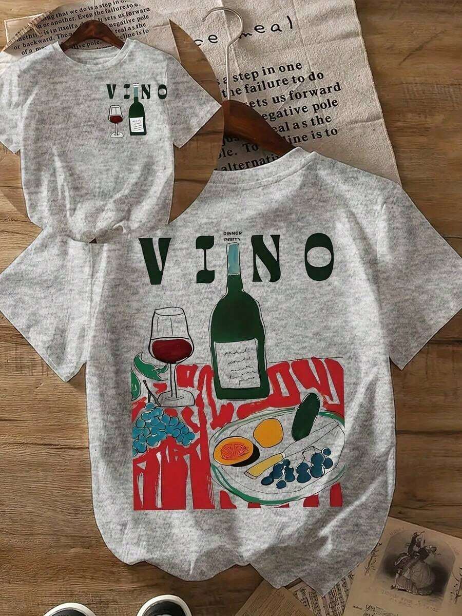 Short-Sleeved T-Shirt With Round Neck And Fruit And Wine Print, Unisex Graphic T-Shirts, Unisex Casual T-Shirt. - 灰色 - 查看 1