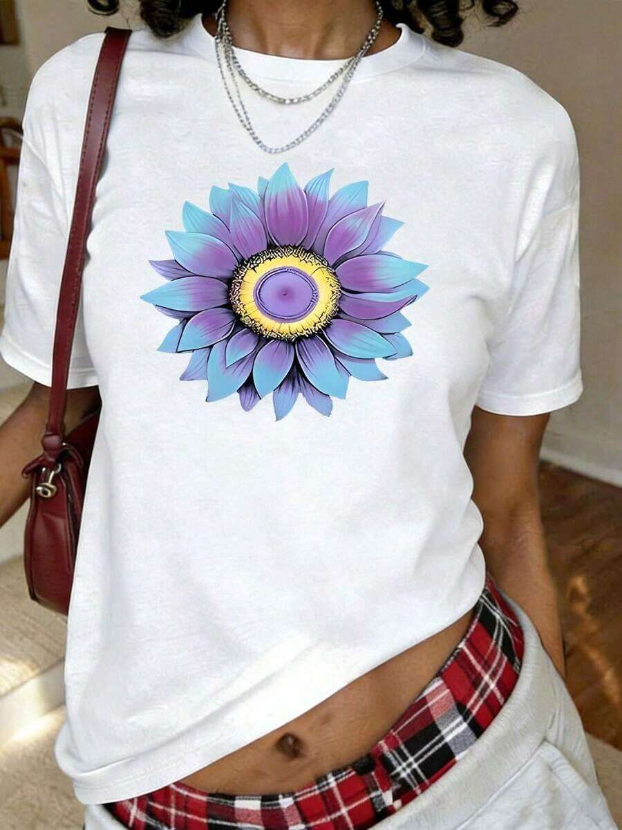 Women's Short-Sleeved T-Shirt, Sunflower9 Print T-Shirt, Casual Short-Sleeved Round Neck Top For Summer And Spring, Women's Clothing - 白色 - 查看 1