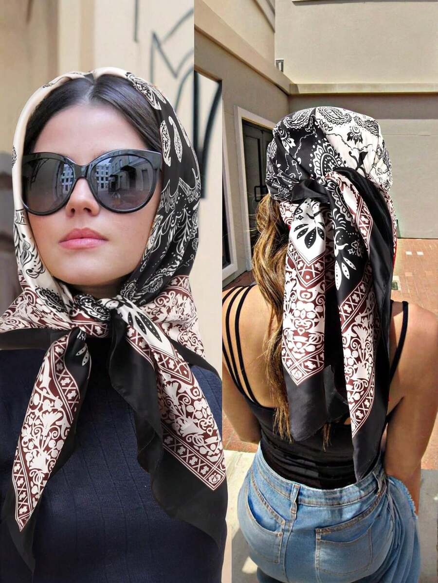 Women's Large Square Satin Scarf 90x90 Elegant Fashion Bandana For Hair And Neck - L1-Preto - 查看 1