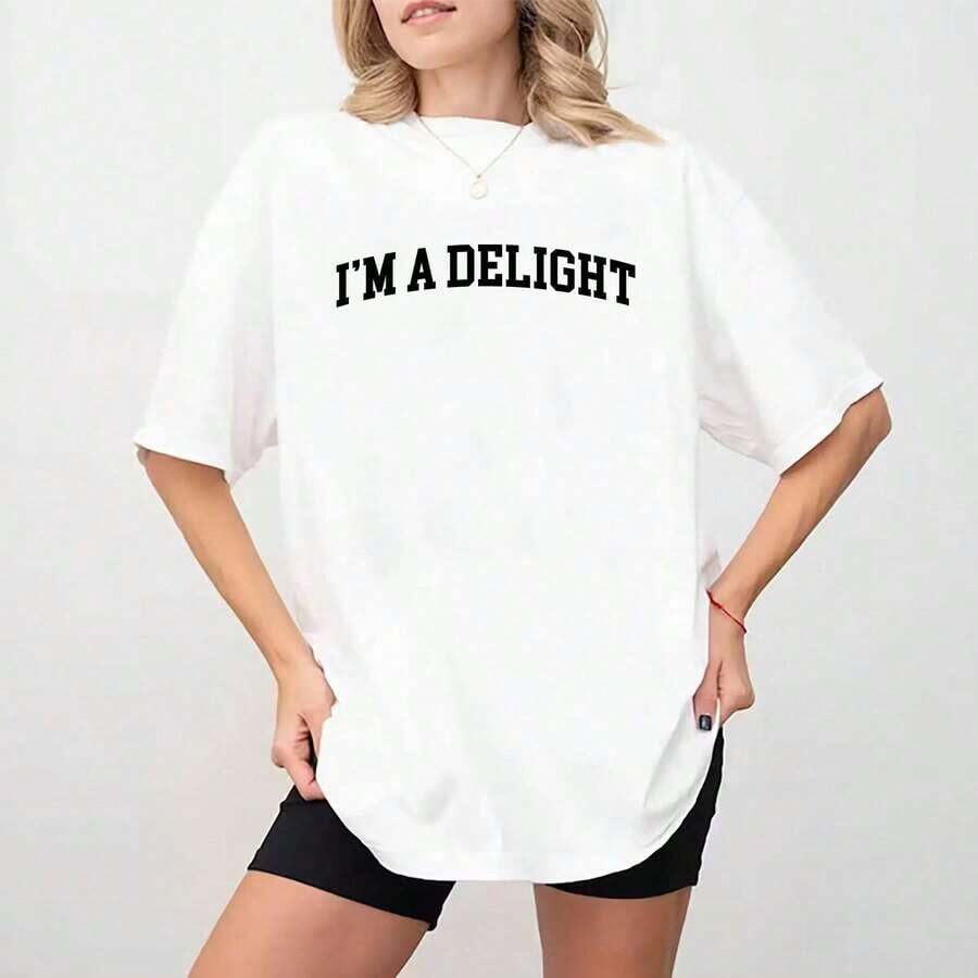 Camiseta I'A Delight, Camiseta I'Delightful, Camiseta Inspiradora, Camisetas de Mujer con Estampado Gráfico de Frases Motivadoras, Camiseta Cómoda con Frases Divertidas, Regalos para Chicas, Camisetas de Mujer, Ropa de Mujer, Tejido de Algodón, Corte Relajado, Estilo Chic - Camiseta de Manga Corta Lavada, Estilo Retro, Casual, Inspirada en el Vintage, para la Calle. - Blanco - Ver 1