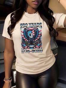 Camiseta de manga corta básica, versátil y casual, con estampado del 250º aniversario de Estados Unidos, nueva para primavera/verano, adecuada para ir al trabajo, hacer deporte, ir de compras y salir, ropa de primavera/verano para mujer, camiseta gráfica de celebración del 250º aniversario para mujer. Tela ligera, corte clásico, perfecto para eventos y atuendos diarios. Ropa de verano fresca para mujer. - Albaricoque - Ver 1