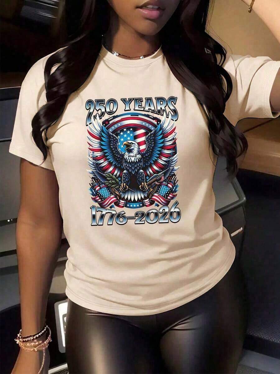 Camiseta de manga corta básica, versátil y casual, con estampado del 250º aniversario de Estados Unidos, nueva para primavera/verano, adecuada para ir al trabajo, hacer deporte, ir de compras y salir, ropa de primavera/verano para mujer, camiseta gráfica de celebración del 250º aniversario para mujer. Tela ligera, corte clásico, perfecto para eventos y atuendos diarios. Ropa de verano fresca para mujer. - Albaricoque - Ver 1