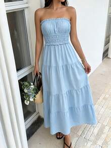 Blaues ärmelloses rückenfreies Volantkleid, Damen lässig Boho Stil trägerloses langes Kleid geeignet für Strand, Urlaub, Party - Babyblau - Übersicht 2