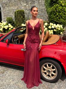 UNITHORSE Women's Sequin Patchwork Elegant Waist Cinched Evening Gown - Burgundy - View 4