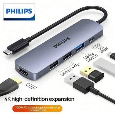 PHILIPS قاعدة توصيل SWR1607C/93 للأجهزة متعددة المنافذ: سهلة التركيب والتشغيل دون الحاجة إلى برنامج تشغيل. مقسم قاعدة توصيل HDMI إلى موصل الكمبيوتر المحمول/الهاتف المحمول (رمادي فضائي)