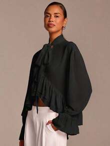 Camisa de manga larga con volantes rosa para mujer con pañuelo de gasa anudado, blusa elegante y casual de estilo romántico bohemio con volantes transparentes - Negro - Ver 6