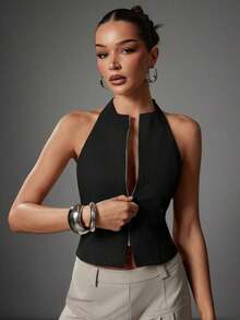 Sleeveless Halter Top With Front Closure And Open Back, Solid Color And Sexy Casual Style For Women - 黑色 - 查看 12