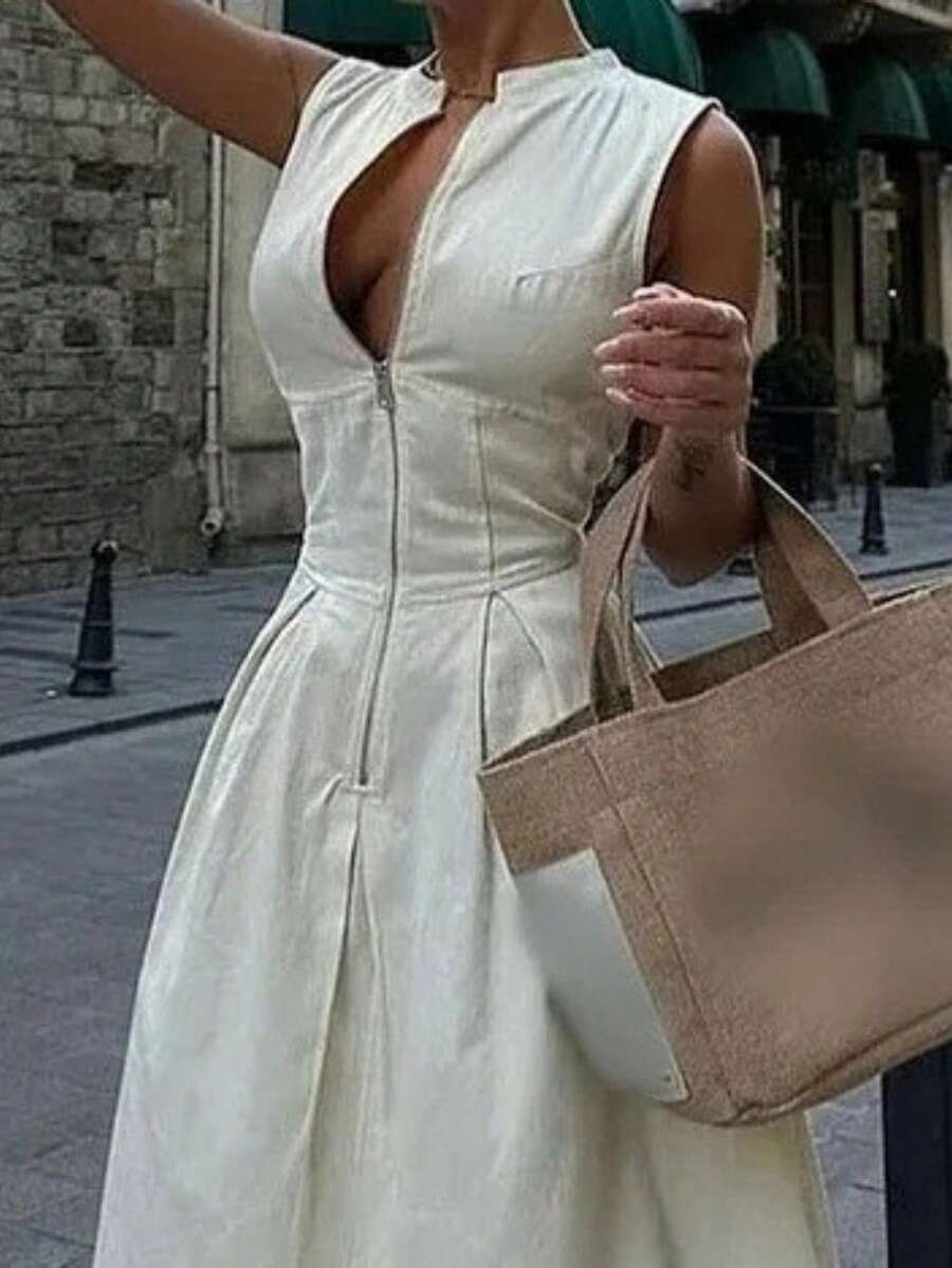 Women's Spring Summer Dress, Round Neck, Plain, Sleeveless With Zipper, Casual, Office, Elegant, European Style Available - 白色 - 查看 1