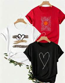 Camiseta de Mujer a 3 con Estampado Creativo de Leopardo al Atardecer y Elemento en Forma de Corazón, Conjunto de Pieza, Top Casual de Manga Corta y Cuello Redondo para Primavera/Verano, Conjunto de Ropa de Mujer de Varias Piezas. - Blanco - Ver 1
