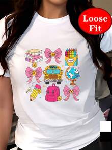 Diseño simple y versátil para la temporada de regreso a clases, estampado de útiles escolares, camiseta de manga corta con cuello redondo, top casual de primavera y verano, ropa de mujer, camiseta de algodón. - Blanco - Ver 1