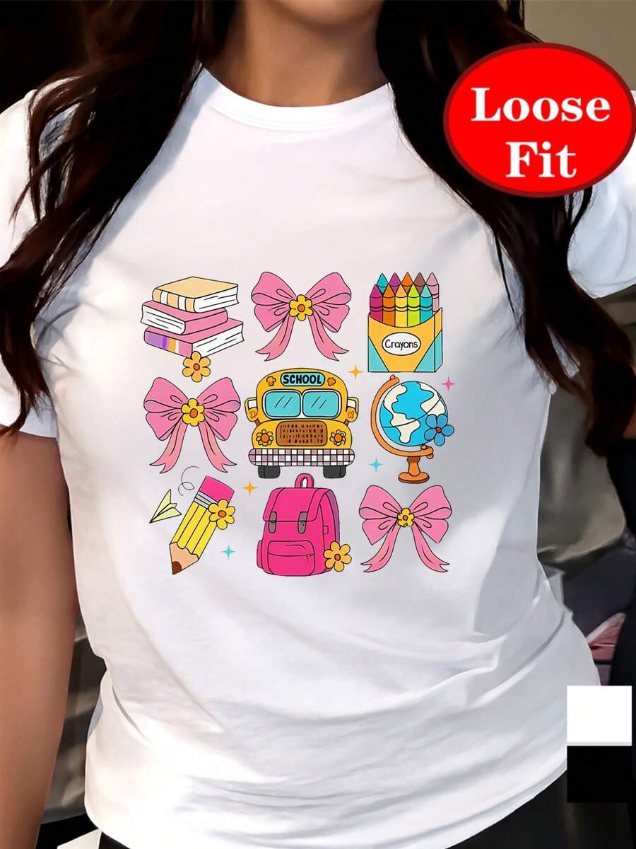 Diseño simple y versátil para la temporada de regreso a clases, estampado de útiles escolares, camiseta de manga corta con cuello redondo, top casual de primavera y verano, ropa de mujer, camiseta de algodón. - Blanco - Ver 1