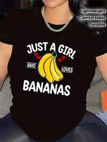 Camiseta con diseño de plátano |   Perfecta para uso casual en la sala de estar, tela duradera y ligera, ajuste cómodo para uso diario, regalo ideal para amantes de la fruta, camiseta gráfica elegante y divertida, cuello redondo, tela de elasticidad media. Camiseta de algodón familiar coordinada. - Negro - Ver 1
