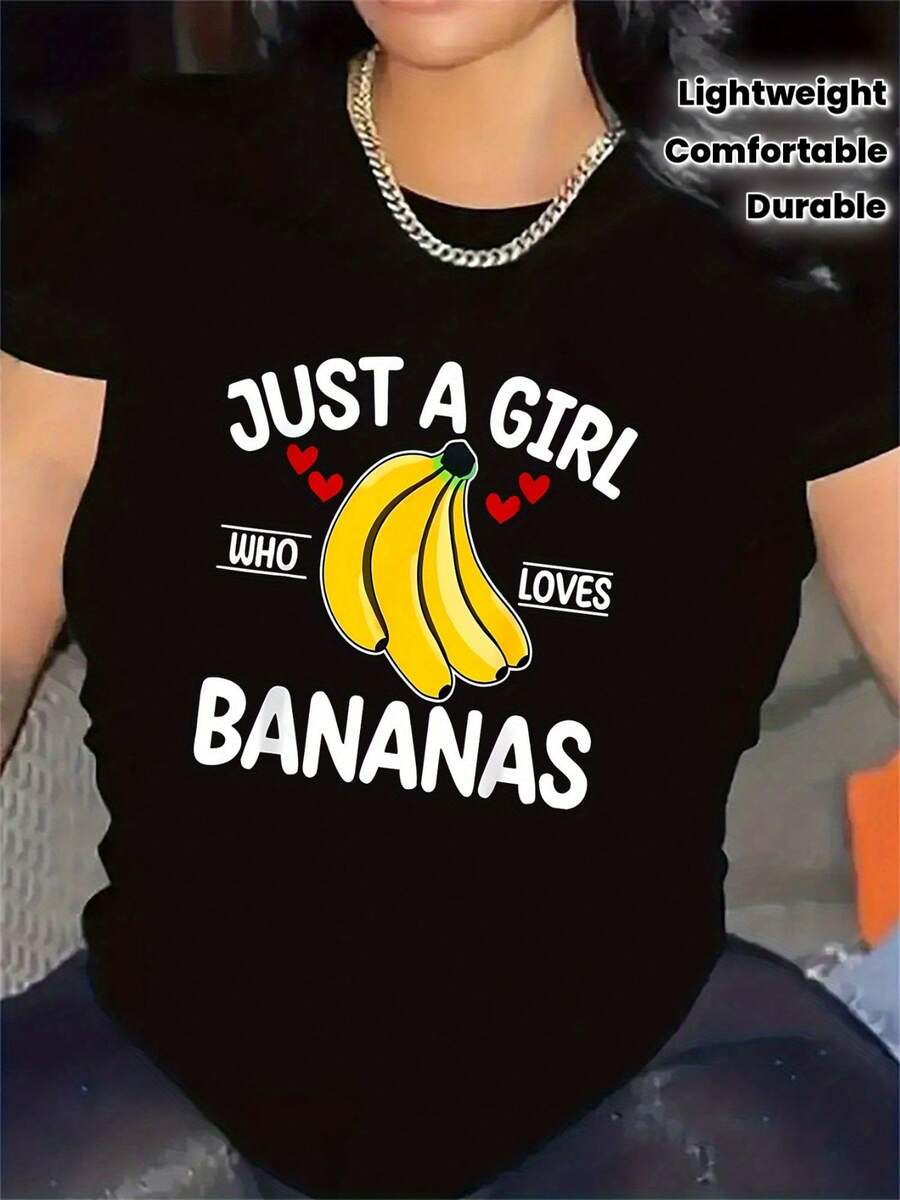 Camiseta con diseño de plátano |   Perfecta para uso casual en la sala de estar, tela duradera y ligera, ajuste cómodo para uso diario, regalo ideal para amantes de la fruta, camiseta gráfica elegante y divertida, cuello redondo, tela de elasticidad media. Camiseta de algodón familiar coordinada. - Negro - Ver 1