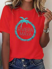 Comfortable, Lightweight Women's T-Shirt From The Mexican Riviera Maya Palm Tree Pure Label Brand, 100% Cotton, A Popular Choice. Short-Sleeved Women's T-Shirt, A Basic Style Suitable For Indoor And Outdoor Wear. - 紅色的 - 查看 11