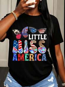 Camiseta de Mujer con Estampado Patriótico de Mariposa y Gafas de Sol de Little Miss America, para Celebración del Día de la Independencia del 4 de Julio, Ropa Casual - Negro - Ver 2