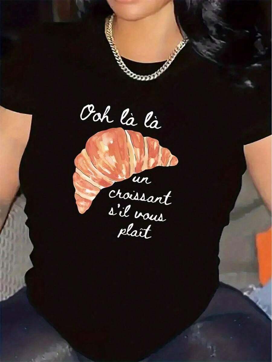 Women's Cotton T-Shirts. Polyester T-Shirt With Croissant Design, For Cafes And Restaurants, Durable And Lightweight, Perfect For Everyday Wear, Comfortable Fabric, Stylish And Modern Top For Women's Casual Outfits. >Clothing - 黑色 - 查看 1