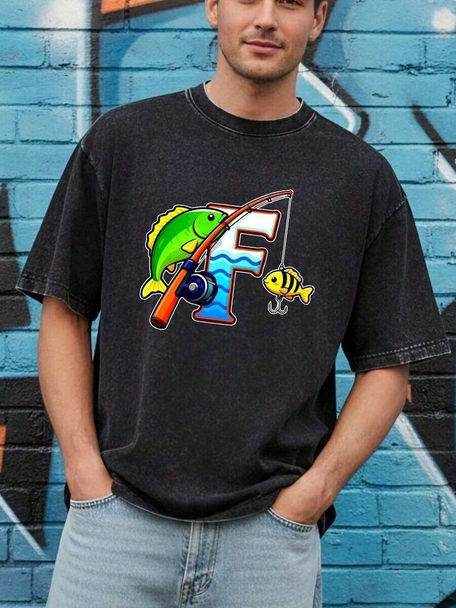 % algodón, 230g de peso, camiseta unisex de estilo vintage, con diseño temático de pesca que muestra peces y cañas de pescar, adecuada para todas las estaciones. Estilo neutro, urbano, versátil y estilizador, estilo callejero, diseño único. - Negro - Ver 1