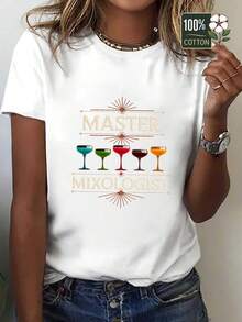Camiseta de cuello redondo para mujer, estilo vintage puro, con estampado de gafas de barman - Camiseta casual de cuello redondo, adecuada para camareros y atuendos de fiesta, ropa casual cómoda. Blusas para mujer casual. - Blanco - Ver 1