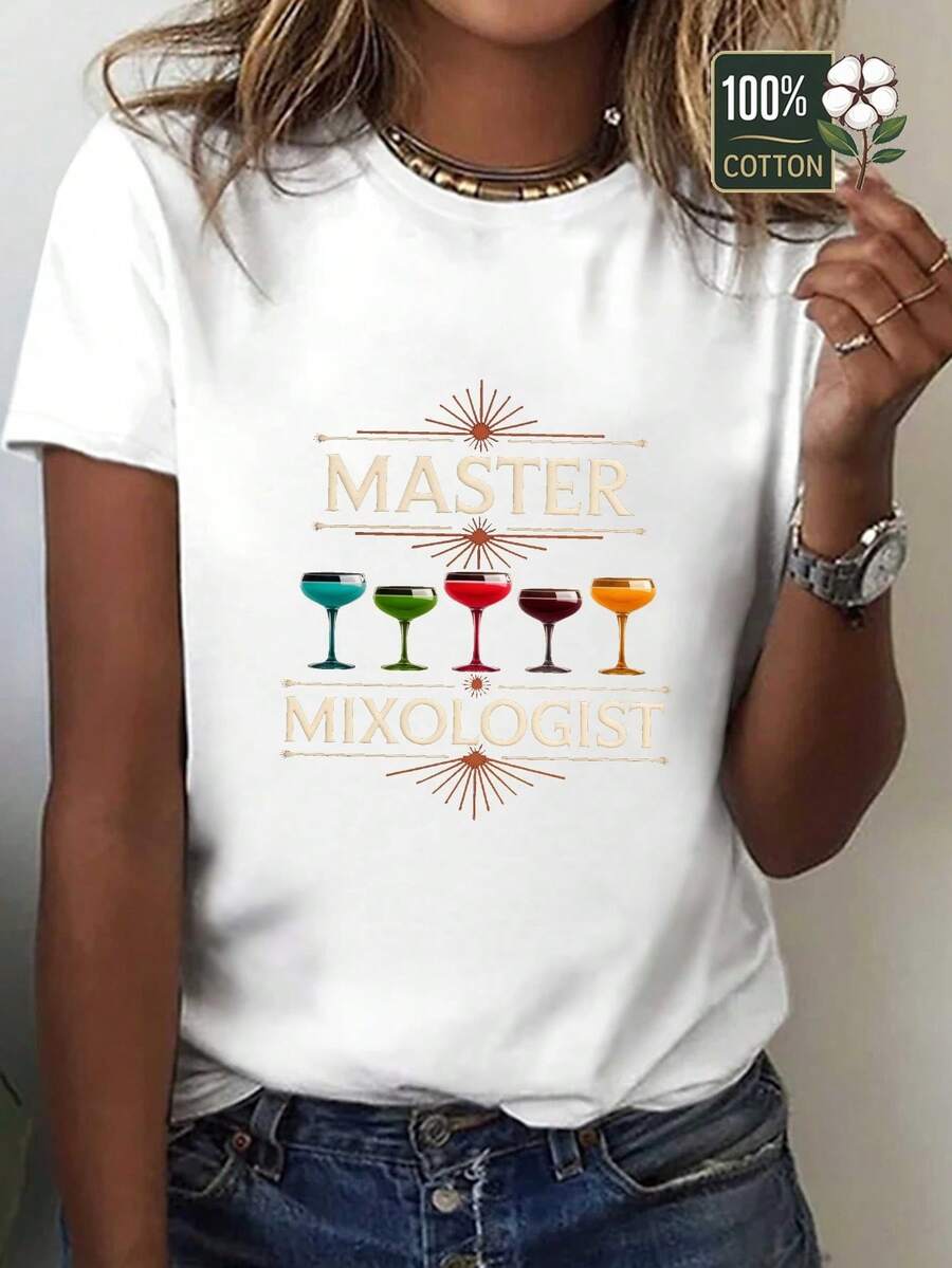Camiseta de cuello redondo para mujer, estilo vintage puro, con estampado de gafas de barman - Camiseta casual de cuello redondo, adecuada para camareros y atuendos de fiesta, ropa casual cómoda. Blusas para mujer casual. - Blanco - Ver 1