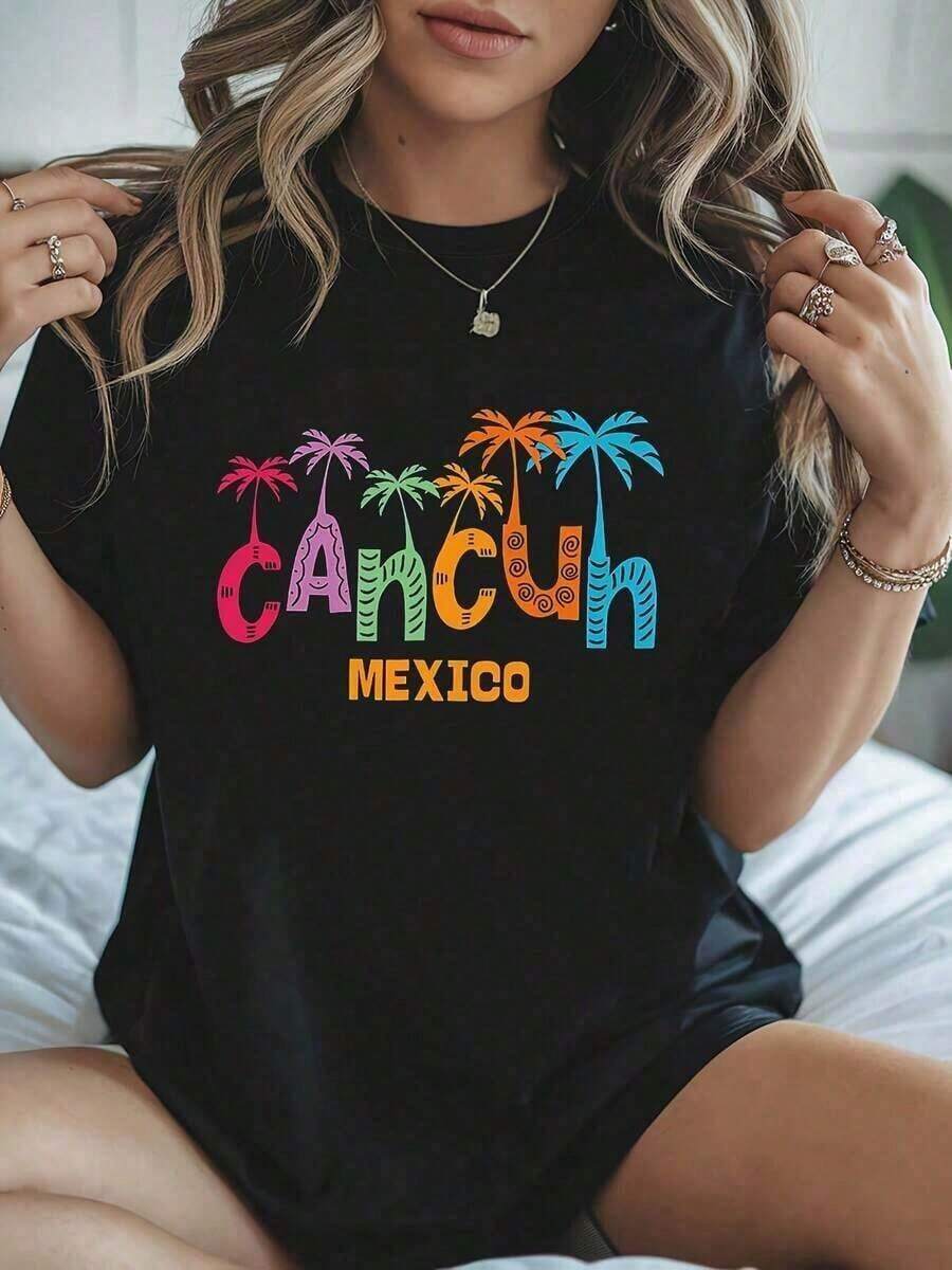 short-sleeveCamiseta cómoda y ligera de talla grande para mujer, con estampado gráfico de Cancún, MÉXICO, manga corta, cuello redondo, estilo casual para verano y primavera, ropa de mujer 100% algodón, a la moda.Blusas Bonito 100% Algodón - Negro - Ver 1