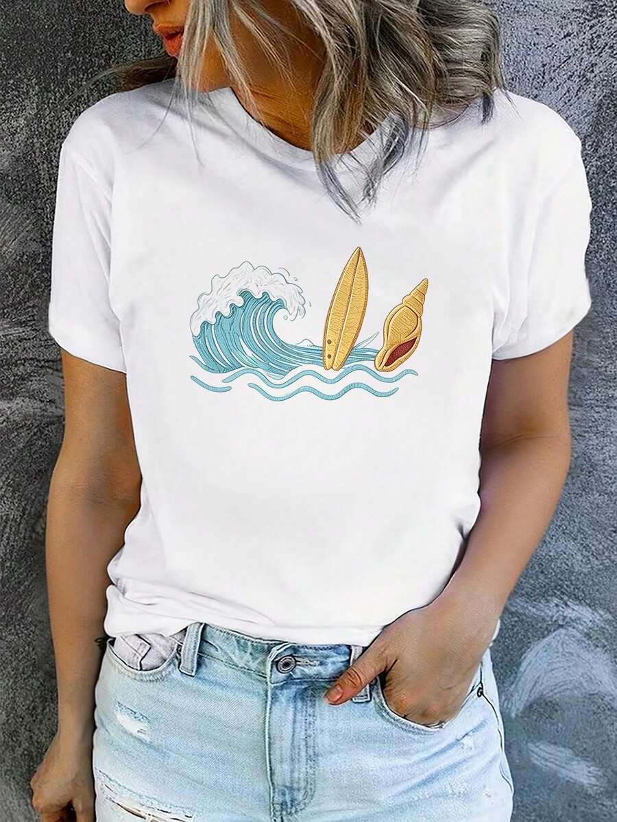 Camiseta de manga corta con cuello redondo para mujer, estampada, moderna y casual, lavable a máquina, ajuste cómodo, estampado plano 2D Blusas Para Mujer Casual. - Blanco_01 - Ver 1