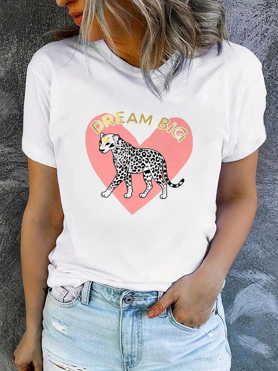 Women's Printed Short-Sleeved T-Shirt With Round Neck, Modern And Casual, Machine Washable, Comfortable Fit, 2D Flat Print, Casual 2D Blouses For Women. - 白色_01 - 查看 1