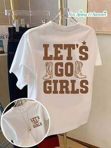 Camiseta de Mujer Estilo Vaquero Occidental con Estampado y Eslogan "Let's Go" - Manga Corta, Cuello Redondo, Diseño Casual con Estampado en la Espalda "Let's Go" - Diseño de Estampado de Vaca en Blanco y Marrón para Eventos de Rodeo en Ranchos, Atuendos de Primavera y Verano (Máquina) - Negro - Ver 1