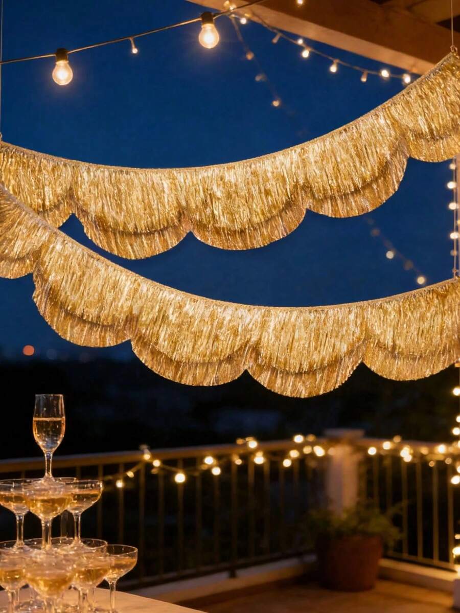 1pc Gold Fan-Shaped Layered Tassel Garland - Women's Birthday Decoration, Shiny Tassel Garland, 5ft Tassel Hanging Decor, Gold Birthday Decor, Bachelorette Party Decoration, Birthday Party Decoration, "Happy Birthday" Banner, Photo Backdrop Garland, Bride-To-Be Party Garland, Valentine's Day Decoration - Multicolor - View 1