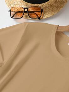 Women's Summer Clothes 2026, Short Sleeve T-Shirt, Y2K Style, Round Neck, Simple Fashion, Casual Sportswear For Training, Short Sleeve T-Shirt, Artistic And Modern Design With Sports Figure Print. 6G12 - 卡其色 - 查看 5