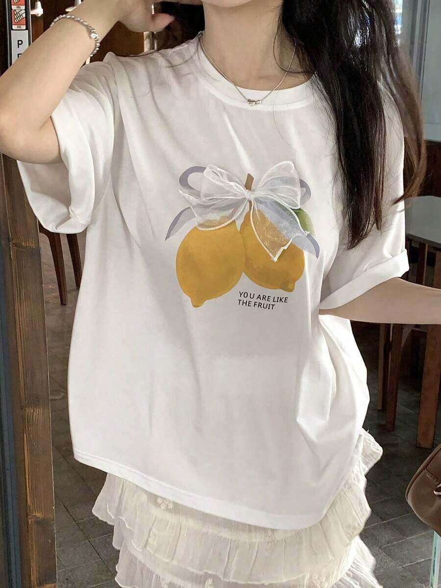 1 pieza de camiseta de manga corta para mujer con estampado de letras y frutas, cuello redondo, casual, versátil, para uso diario, 180g 100% algodón. - Blanco - Ver 1
