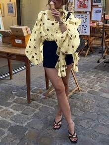 Áo kiểu nữ casual gợi cảm họa tiết trái tim phối màu tương phản, cài cúc phía trước, viền bèo nhún, thích hợp mặc ở nhà, đi nghỉ mát mùa hè. - Màu vàng - Xem 8