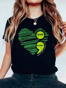 1 pieza, 100% algodón, camiseta inspiradora de concientización sobre salud mental "You Matter", para mujer y hombre, camiseta de vacaciones, transpirable, de verano, cómoda, suave, con cuello redondo, 180g, 100% algodón, los diseños están impresos. Unisexo. - Negro - Ver 5
