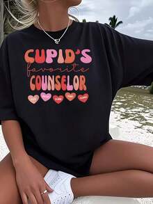 1 pieza Camiseta de Mujer con Estampado Retro de Cupido, Favorita de los Consejeros Escolares, para el Día de San Valentín. 1 pieza de Camiseta Gráfica Divertida de Manga Corta, Novedosa, 100% Algodón, Cuello Redondo Casual, Versátil, 180g, 100% Algodón, los diseños están impresos. Unisexo. - Negro - Ver 7